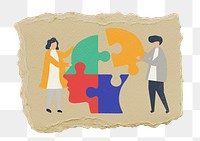 People fixing puzzle png sticker, ripped paper, transparent background