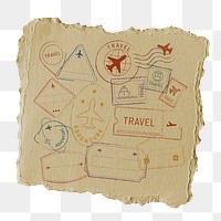 Travel stamps png sticker, ripped paper, transparent background