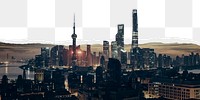 Shanghai skyline png border sticker on ripped paper transparent background