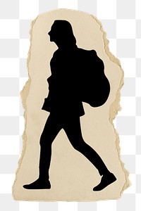 Backpacker silhouette png sticker, ripped paper, transparent background