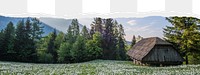 Chalet among flower field png border sticker on ripped paper transparent background