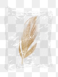 Gold sparkly png feather plastic bag sticker, concept art on transparent background