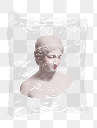 Greek goddess png statue plastic bag sticker, mythology concept art on transparent background