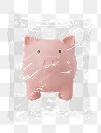 Png 3D piggy bank plastic bag sticker, savings, banking concept art on transparent background