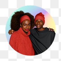 Png fashionable friends in red and back, round badge, transparent background