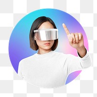 Png woman wearing vr glass, metaverse concept, round badge, transparent background