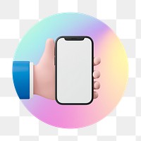 Hand using phone png, round badge, transparent background