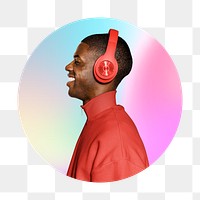 Png man wearing red headphone, round badge, transparent background