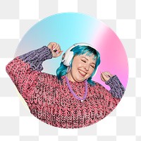 Png happy woman listening to music, round badge, transparent background