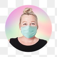 Png woman wearing surgical mask, round badge, transparent background