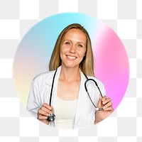 Female doctor png with stethoscope, round badge, transparent background