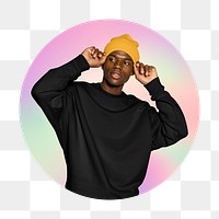 Png fashionable black man wearing yellow beanie, round badge, transparent background