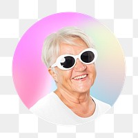 Png fashionable senior woman wearing glasses, round badge, transparent background