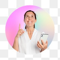 Png woman coming up with ideas carrying a phone, round badge, transparent background