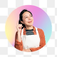 Happy entrepreneur png wearing apron, round badge, transparent background