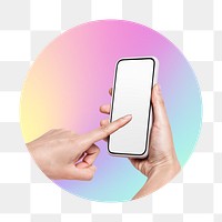 Hand using phone png, round badge, transparent background