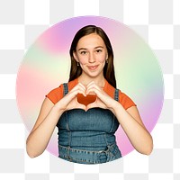 Png woman doing a heart shape hand gesture, round badge in transparent background