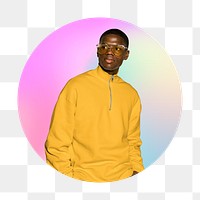 Png fashionable man wearing glasses, round badge, transparent background