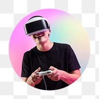 Png man wearing vr glass, metaverse game play concept, round badge, transparent background