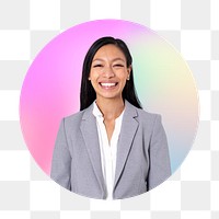 Happy Asian businesswoman png, round badge, transparent background