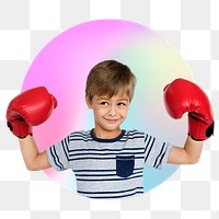 Png boy wearing boxing glove, future athlete, round badge, transparent background