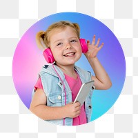 Png girl listening to music, round badge, transparent background