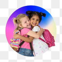 Happy little girls png hugging each other, round badge, transparent background