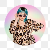 Png fashionable woman wearing sunglasses, round badge, transparent background