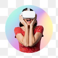 Png woman wearing vr glass, metaverse concept, round badge, transparent background