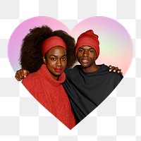 Png fashionable friends in red and back, heart badge design in transparent background