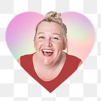 Happy woman png, heart badge design in transparent background