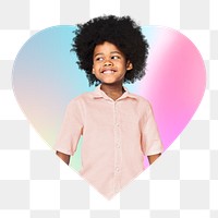 Smiling little boy png, heart badge design in transparent background