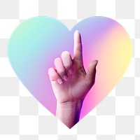 Finger point up png, heart badge design in transparent background