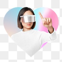 Png woman wearing vr glass, metaverse concept, heart badge design in transparent background