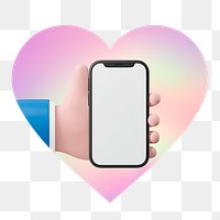 Hand using phone png, heart badge design in transparent background