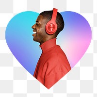 Png man wearing red headphone, heart badge design in transparent background