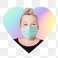 Png woman wearing surgical mask, heart badge design in transparent background