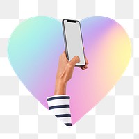 Hand holding phone png, heart badge design in transparent background