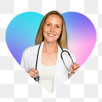 Female doctor png with stethoscope, heart badge design in transparent background