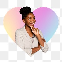 Thinking woman png, heart badge design in transparent background