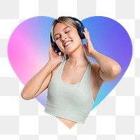 Png woman listening to music on headphone, heart badge design in transparent background