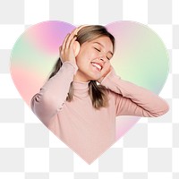 Happy woman listening to music, heart badge design in transparent background
