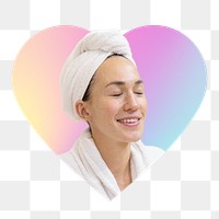 Relaxed woman png in bathing robe, heart badge design in transparent background