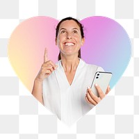 Png woman coming up with ideas carrying a phone, heart badge design in transparent background
