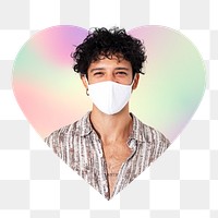 Man wearing mask png, heart badge design in transparent background