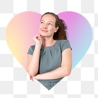 Thinking woman png, heart badge design in transparent background