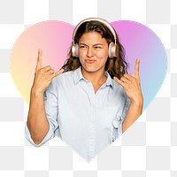 Png cool woman with headphone, heart badge design in transparent background