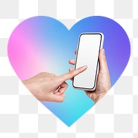 Hand using phone png, heart badge design in transparent background