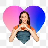 Png woman doing a heart shape hand gesture, transparent background