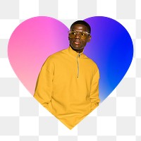 Png fashionable man wearing glasses, heart badge design in transparent background